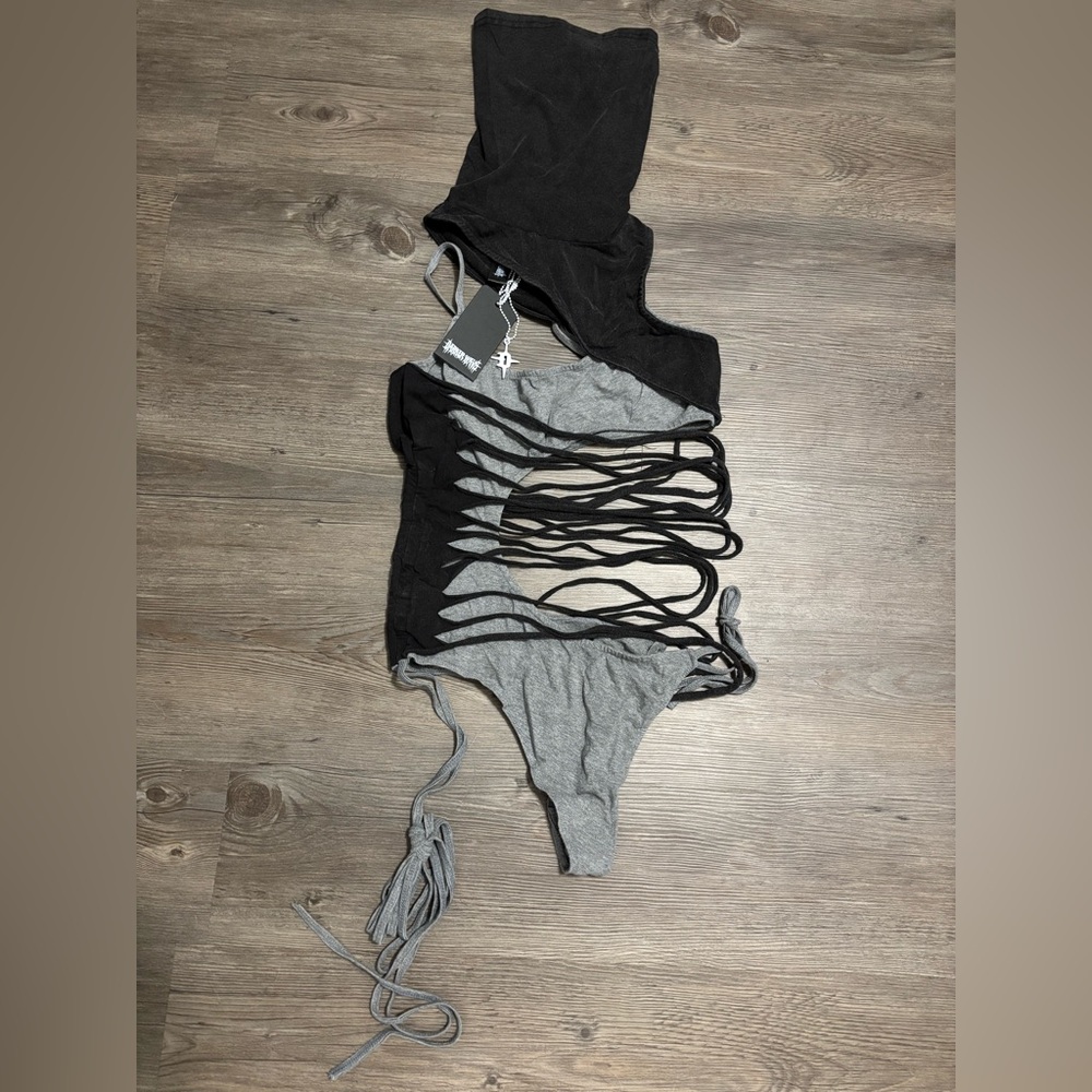 NWT Dolls Kill / Darker Wavs Tempo Two-Tone Shredded Bodysuit